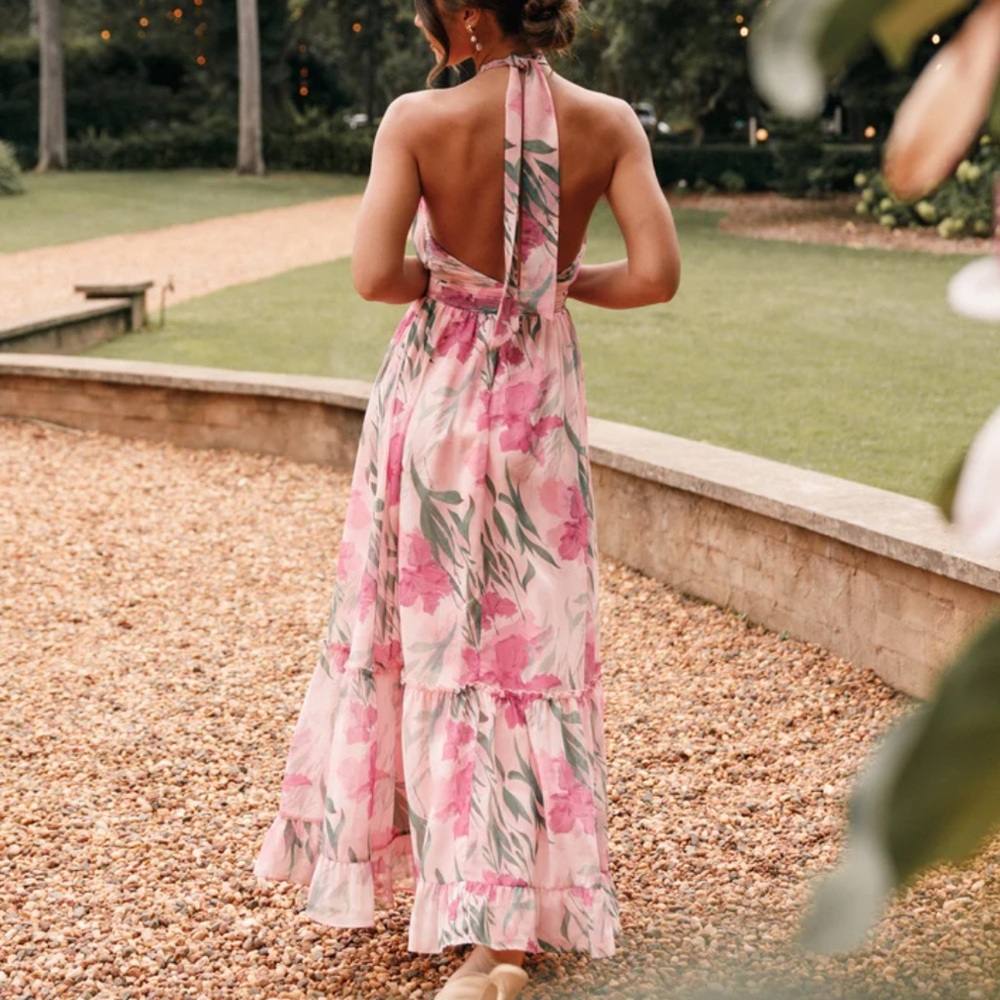 Petal & Pup Lennon Halterneck Maxi Dress Pink Floral - Picture 2 of 4